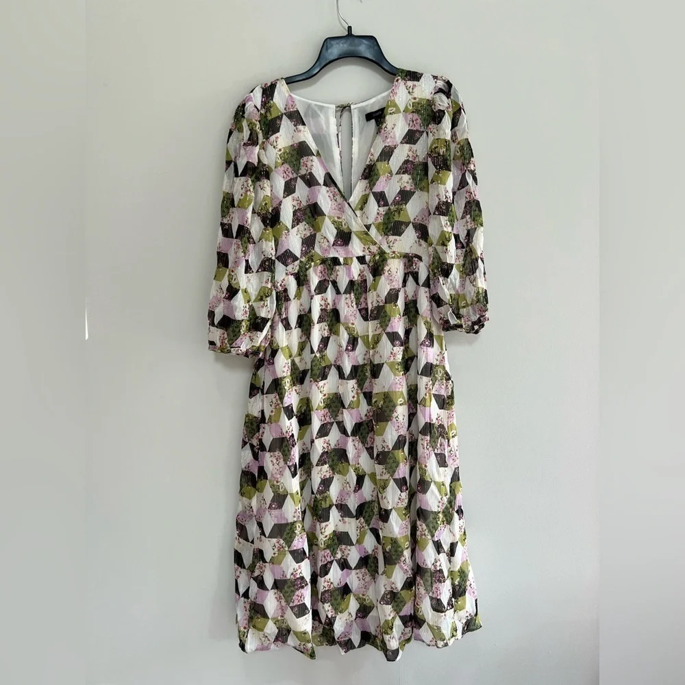 NWT J. Crew Lurex® Metallic Threads Chiffon Midi in Patchwork Print,  size 2